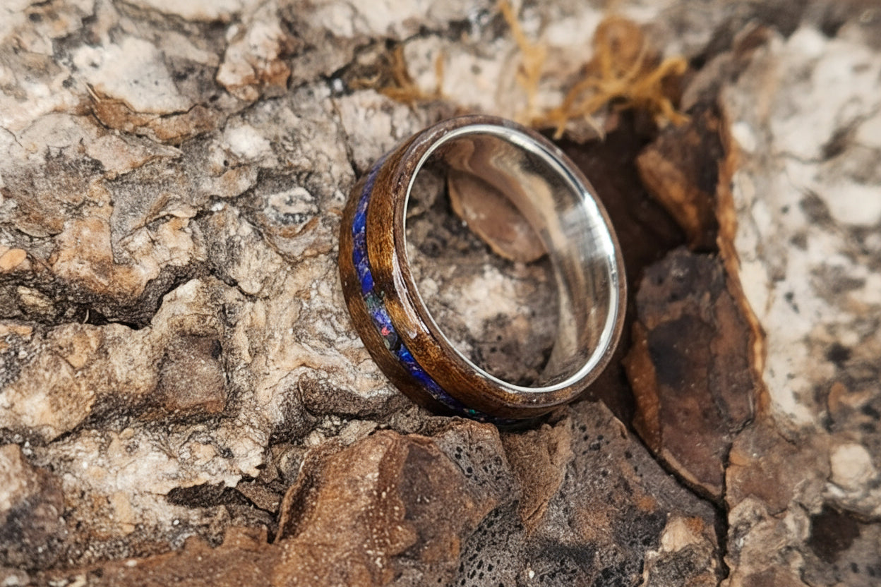 Dark Bentwood Ring Blue Opal Channel Silver Core Size M | Handcrafted UK