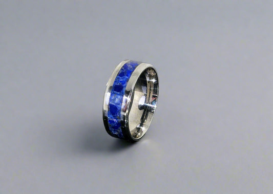 Lapis Lazuli & Opal Glow Matrix Ring with Steel Core, Size ( U )