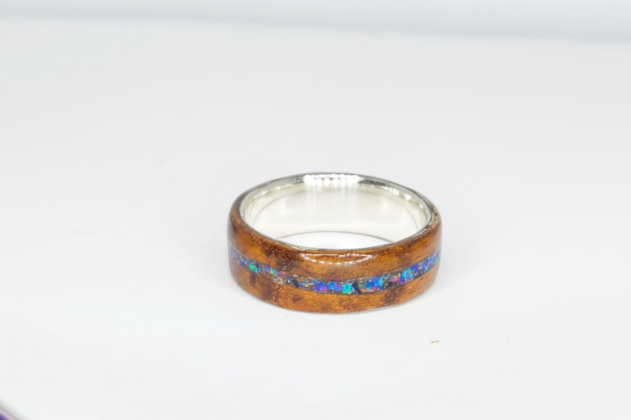 Dark Bentwood Ring Blue Opal Channel Silver Core Size M | Handcrafted UK