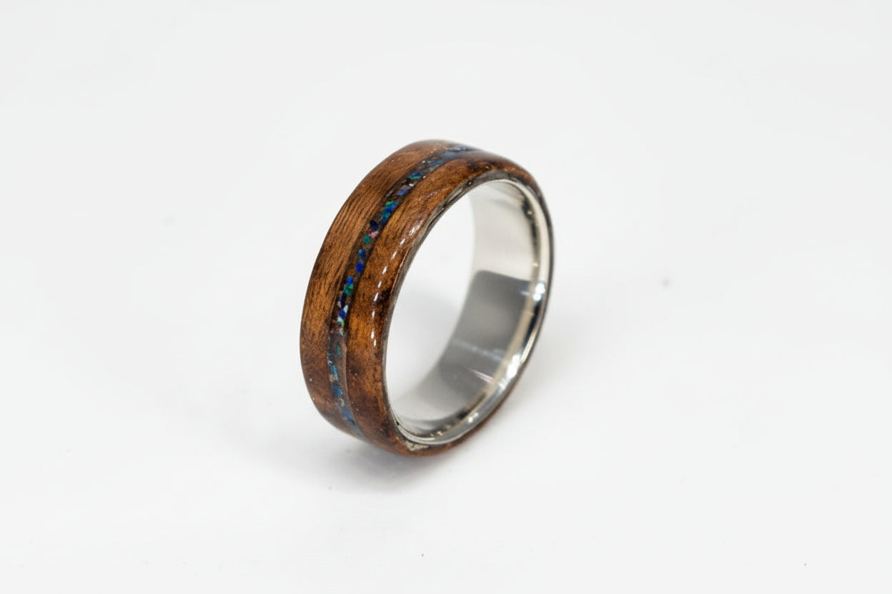 Dark Bentwood Ring Blue Opal Channel Silver Core Size M | Handcrafted UK