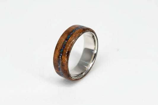 Dark Bentwood Ring Blue Opal Channel Silver Core Size M | Handcrafted UK