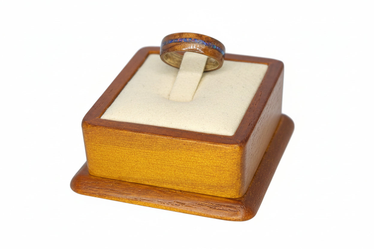 Dark Bentwood Ring Blue Opal Channel Silver Core Size M | Handcrafted UK